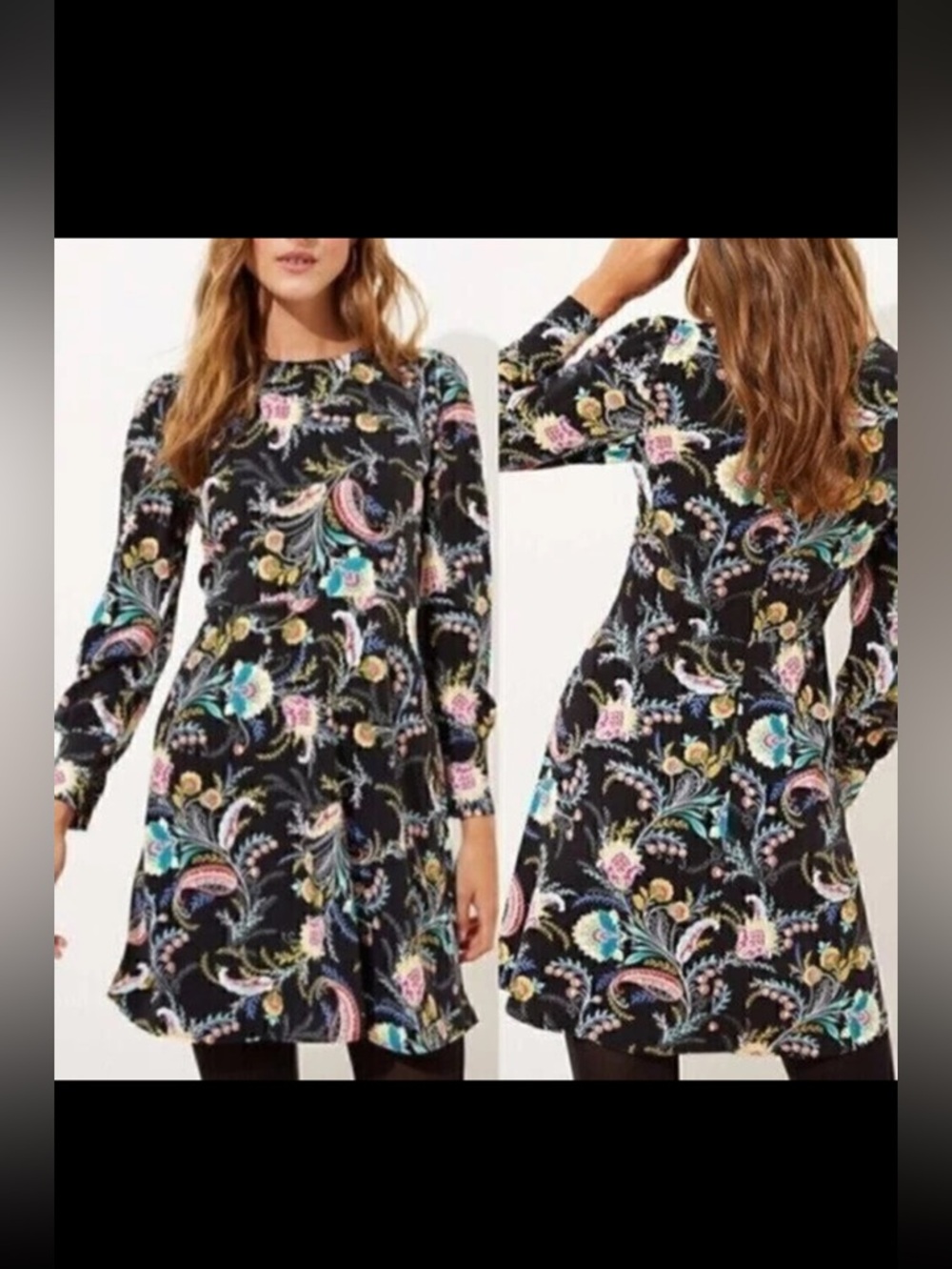LOFT Black Long-Sleeve Floral A-Line Dress